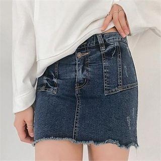 Inset Shorts Fringed Denim Miniskirt