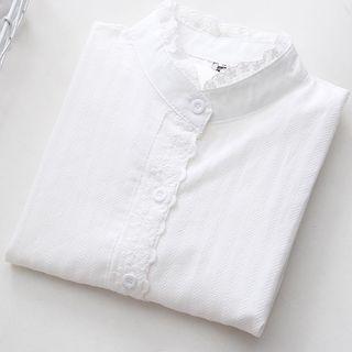 Eyelet Lace Trim Stand Collar Long-sleeve Shirt
