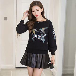 Set: Embroidered Sweater + Faux Leather Pleated Mini Skirt