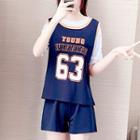 Set: Mock Two-piece Lettering Print T-shirt + Sweatshorts