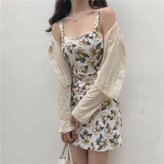 Spaghetti Strap Floral Print A-line Mini Dress / Light Jacket