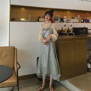 Lace-up Long-sleeve Top / Sequined Spaghetti Strap Midi A-line Dress