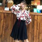 Set: Long-sleeve Floral Hanfu Top + A-line Skirt