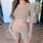 Set: Long-sleeve Ribbed Crop T-shirt + Shorts