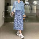 Long-sleeve Plain Shirt / Printed Midi Skirt