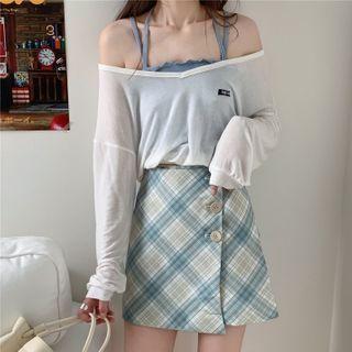 Long-sleeve Sheer T-shirt / Spaghetti Strap Top / Plaid A-line Mini Skirt