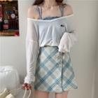 Long-sleeve Sheer T-shirt / Spaghetti Strap Top / Plaid A-line Mini Skirt