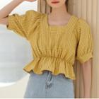 Plaid Square-neck Short-sleeve Blouse Yellow - One Size