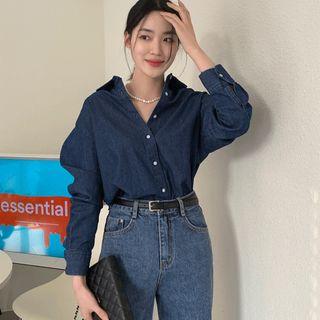 Round-hem Denim Shirt Dark Blue - One Size