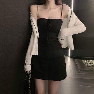 Open-front Cardigan / Spaghetti-strap Mini A-line Dress