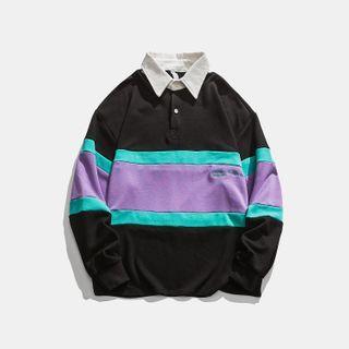 Long-sleeve Polo Collar Color-block Sweatshirt