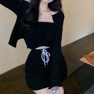 Plain Cropped Cardigan / Shirred Tube Top / Mini Pencil Skirt