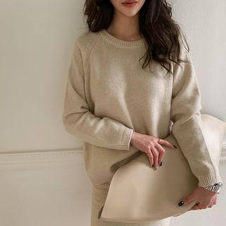Raglan-sleeve Wool Blend Sweater Light Beige - One Size