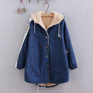 Fleece-lined Printed Hooded Denim Coat