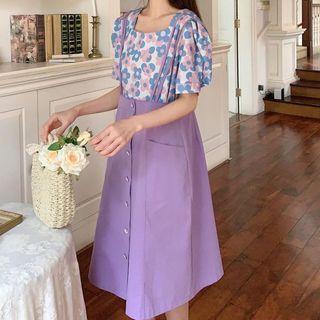 Set: Puff-sleeve Floral Blouse + Midi A-line Skirt With Suspender