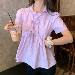 Short-sleeve Bow Peplum Blouse