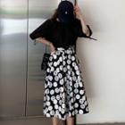 Balloon-sleeve Top / Number Print A-line Midi Skirt