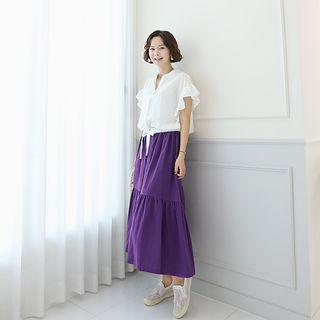 Open-placket Frilled-sleeve Tie-waist Blouse