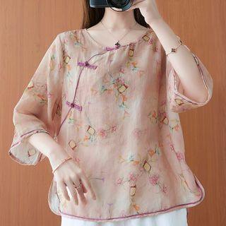 3/4-sleeve Frog-button Print Linen Top
