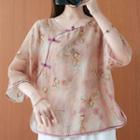 3/4-sleeve Frog-button Print Linen Top
