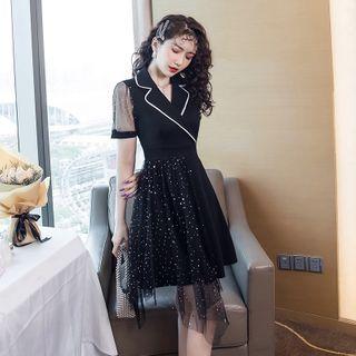 Polo Collar Mesh Pleated Dress