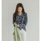 V-neck Bell-cuff Floral Blouse