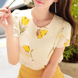 Petal-sleeve Faux-pearl Floral Blouse