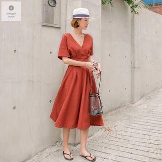 Short-sleeve Wrap-front A-line Long Dress