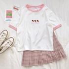 Short-sleeve Strawberry Embroidered T-shirt / Plaid Pleated Skirt