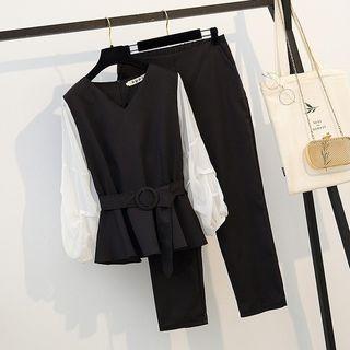 Set: Lantern-sleeve Top + Crop Dress Pants