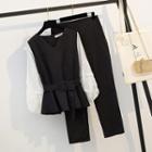 Set: Lantern-sleeve Top + Crop Dress Pants