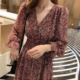 Long-sleeve Floral Chiffon A-line Midi Dress / Camisole Top