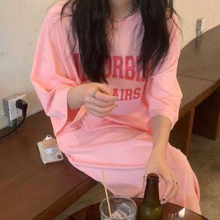 Elbow-sleeve Lettering Midi T-shirt Dress Pink - One Size