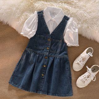 Puff-sleeve Shirt / Denim Overall Dress