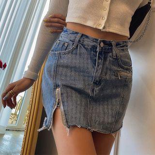 Inset Shorts Zip-detail Mini Denim Skirt