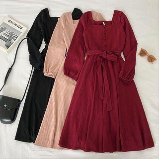 Plain Square-neck Lace-up Long-sleeve Dress