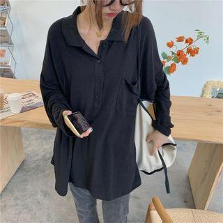 Plain Long-sleeve Loose-fit Polo-shirt - 3 Colors