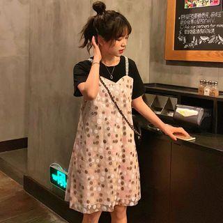 Mock Two-piece Short-sleeve Dress As Shown In Figure - One Size