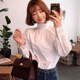High-neck Frill-trim Cotton Blouse