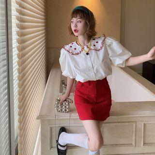 Puff Short-sleeve Lapel Dots Embroidered Top