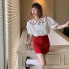Puff Short-sleeve Lapel Dots Embroidered Top