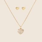 Set: Heart Rhinestone Pendant Alloy Necklace + Earring Gold - One Size