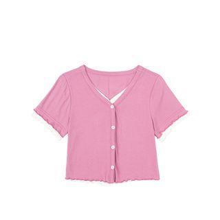 Short-sleeve Mock Two-piece Buttoned Top