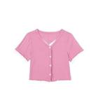 Short-sleeve Mock Two-piece Buttoned Top
