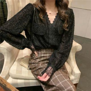 V-neck Lace Trim Pocket-detail Long-sleeve Top
