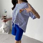 Set: Printed Stripe T-shirt + Drawstring-waist Shorts