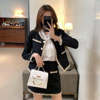 Contrast Trim Jacket / Mini Pencil Skirt / Blouse / Set
