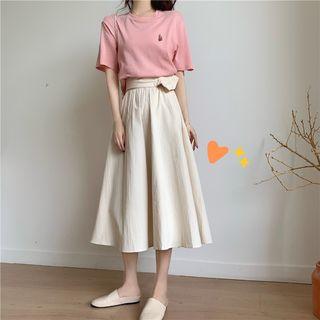 Set: Elbow-sleeve T-shirt + Midi A-line Skirt T-shirt - Pink - One Size / Skirt - White - One Size