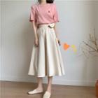 Set: Elbow-sleeve T-shirt + Midi A-line Skirt T-shirt - Pink - One Size / Skirt - White - One Size