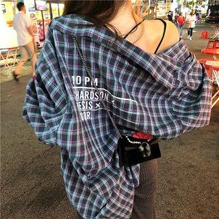 Color-block Plaid Long-sleeve Blouse / Plain Knit Cropped Pants